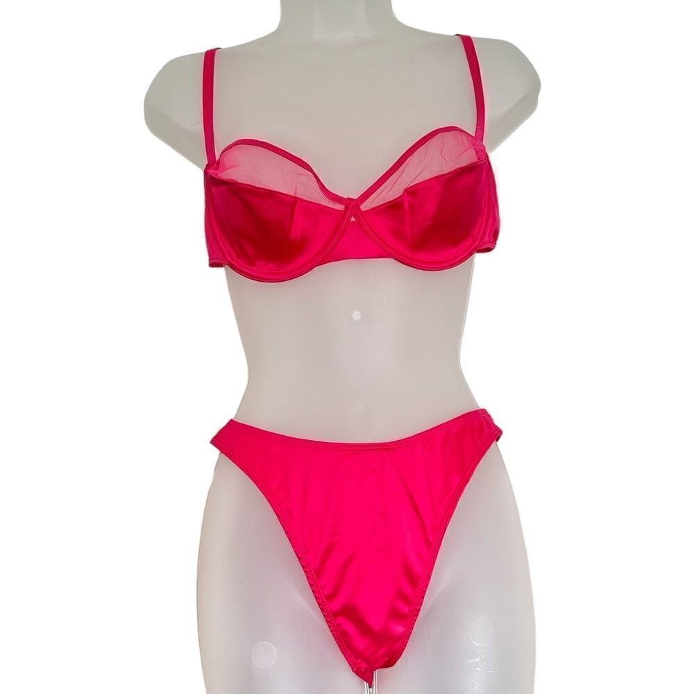 Dolls Kill Hot Pink Red Satiny Sheer Trim Sexy Valentines Lingerie Bra Panty Set